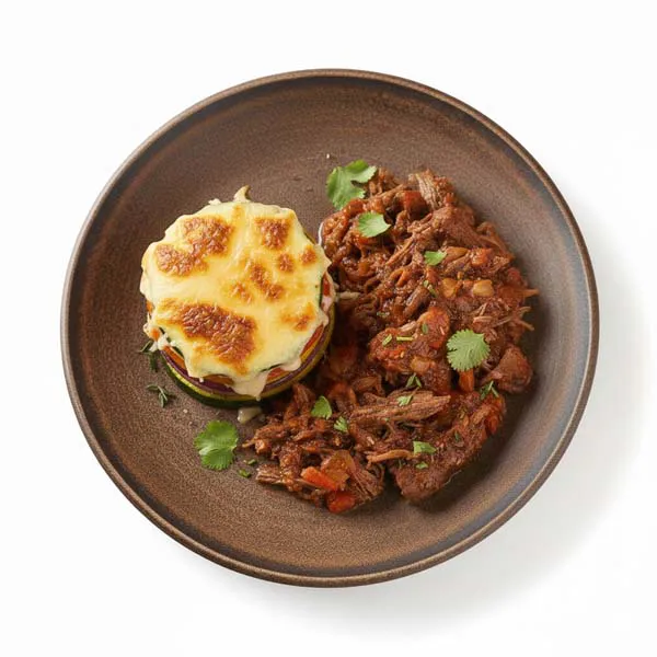 Cuban Braised Beef With Herb Roasted Vegetable Stack